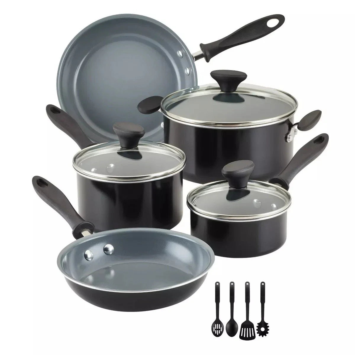 12PC Ceramic Cookware Set Black Gray Reliance Pro Pan Pot Glasss
