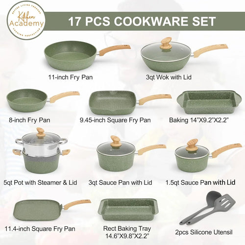 17 Piece Cookware Set Nonstick Granite Coated Pots and Pans Set Bakeware Green